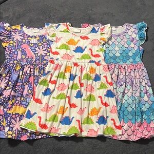 Lot of 3 dresses girls 4t-5t (110) colorful dinosaur theme mermaid scales ruffle